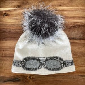 Embellished Ski Goggle Snow Hat with Detachable Fox Fur Pom